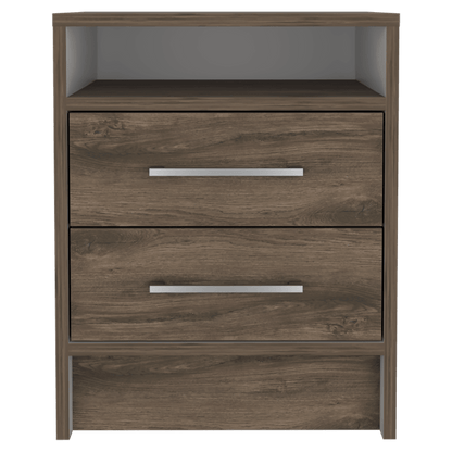 Velador Douglas, Nogal y Blanco, con Un Entrepaño Superior y Dos Cajones Organizadores