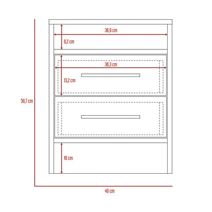 Velador Douglas, Nogal y Blanco, con Un Entrepaño Superior y Dos Cajones Organizadores