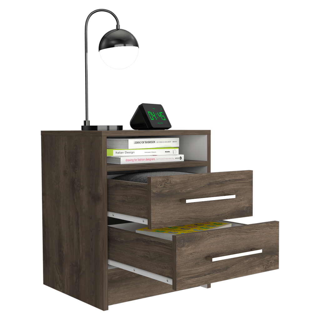 Velador Douglas, Nogal y Blanco, con Un Entrepaño Superior y Dos Cajones Organizadores