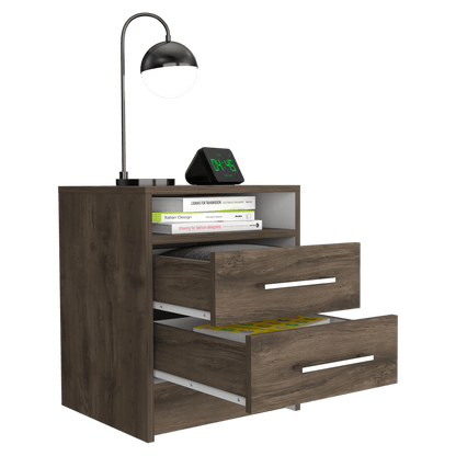 Velador Douglas, Nogal y Blanco, con Un Entrepaño Superior y Dos Cajones Organizadores