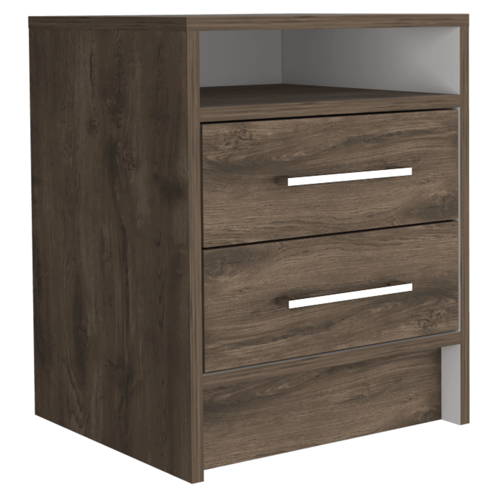 Velador Douglas, Nogal y Blanco, con Un Entrepaño Superior y Dos Cajones Organizadores