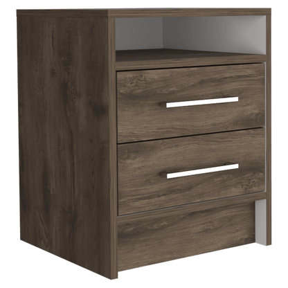 Velador Douglas, Nogal y Blanco, con Un Entrepaño Superior y Dos Cajones Organizadores