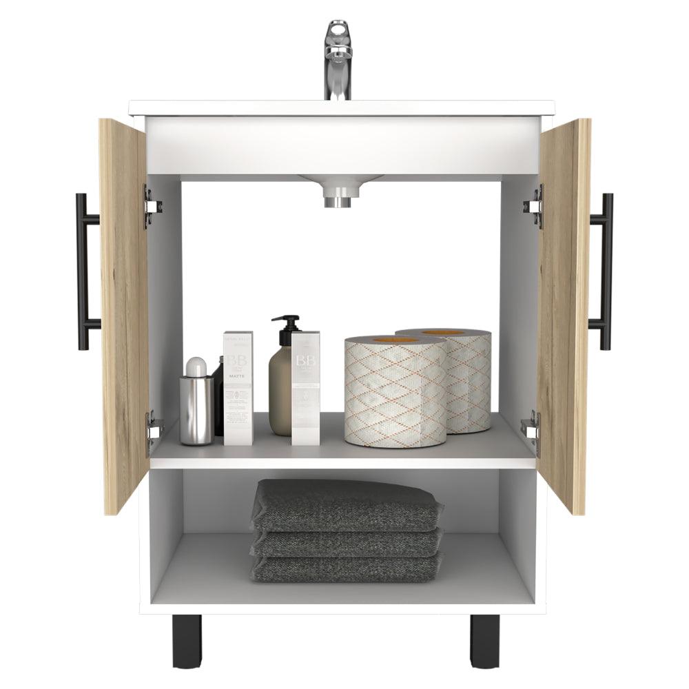 Mueble Lavamanos Bath BI, Blanco y Duna, con dos puertas batientes y variedad de entrepaños
