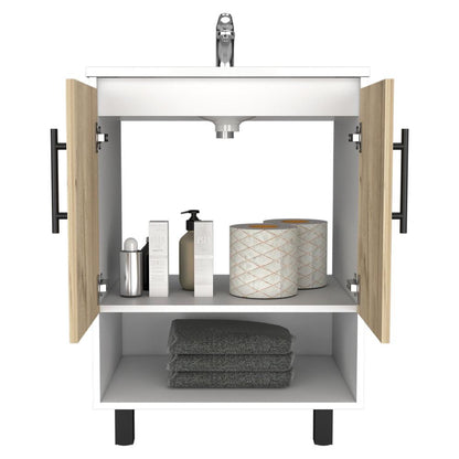 Mueble Lavamanos Bath BI, Blanco y Duna, con dos puertas batientes y variedad de entrepaños