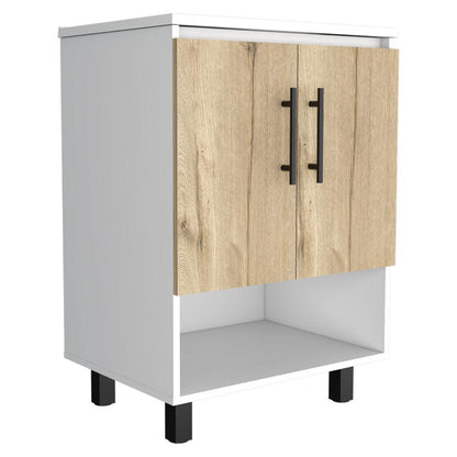 Mueble Lavamanos Bath BI, Blanco y Duna, con dos puertas batientes y variedad de entrepaños