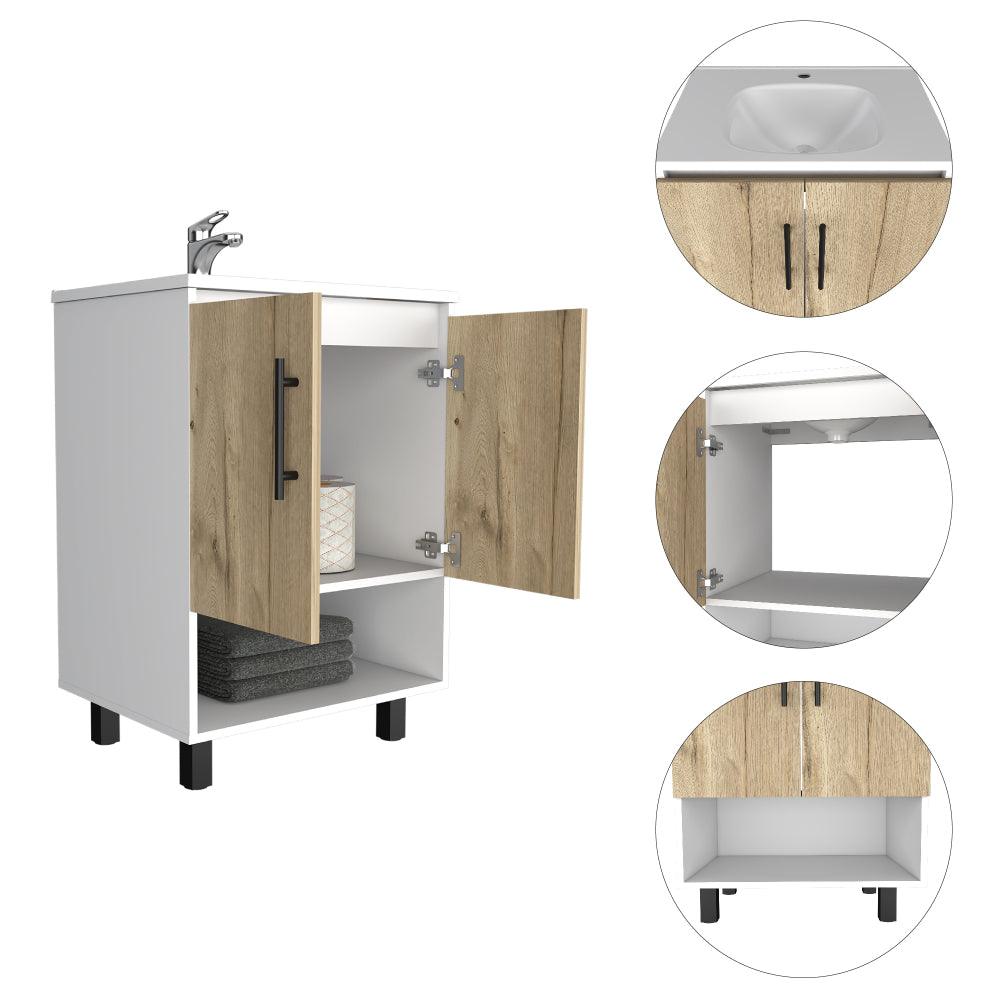 Mueble Lavamanos Bath BI, Blanco y Duna, con dos puertas batientes y variedad de entrepaños