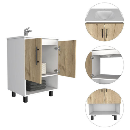 Mueble Lavamanos Bath BI, Blanco y Duna, con dos puertas batientes y variedad de entrepaños
