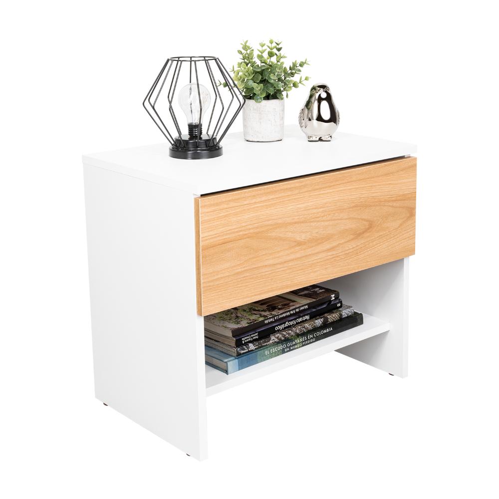 Velador Light, Fresno Europeo y Blanco, con superficie para objetos decorativos
