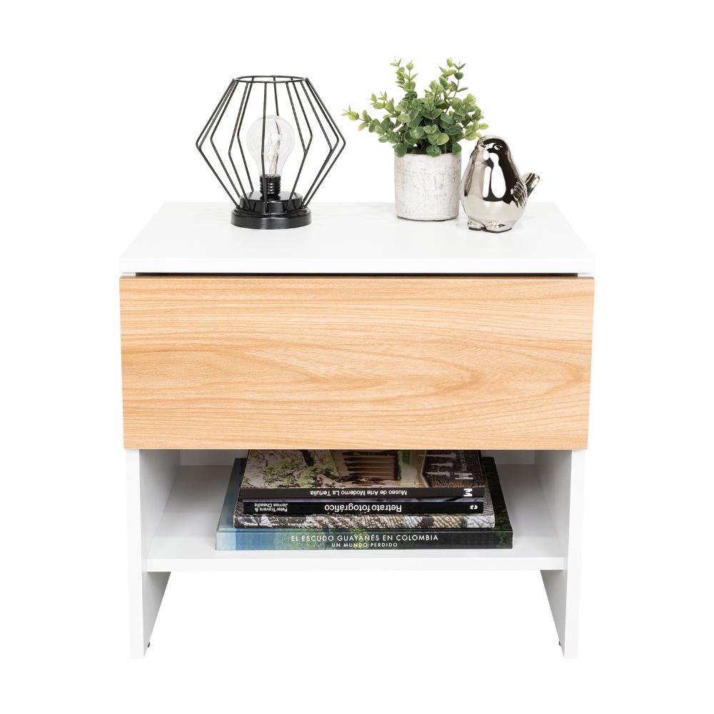 Velador Light, Fresno Europeo y Blanco, con superficie para objetos decorativos (vista 3)