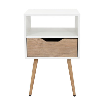 Mesa de Noche Alesio, Blanco y Beige, con Un Cajón