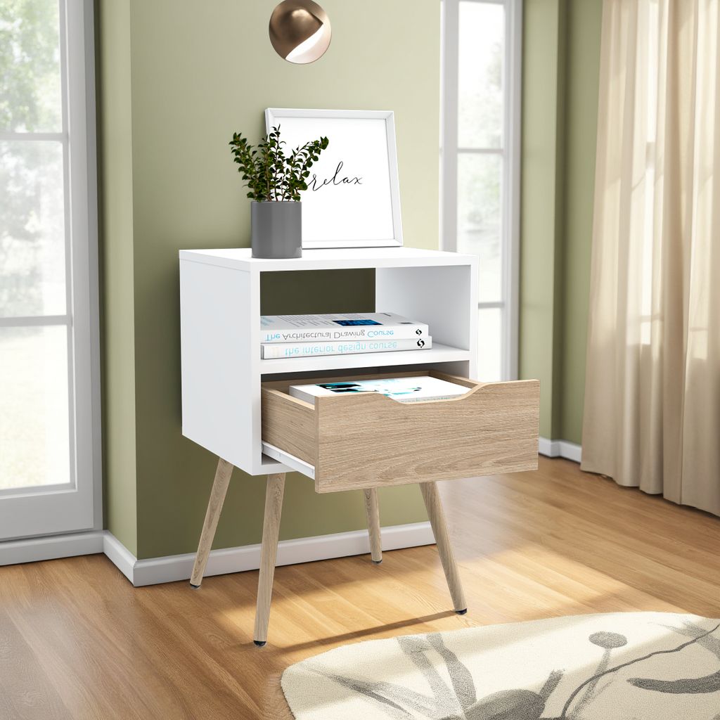 Velador Alesio, Blanco y Rovere, con Patas cortas en Madera y un Cajón