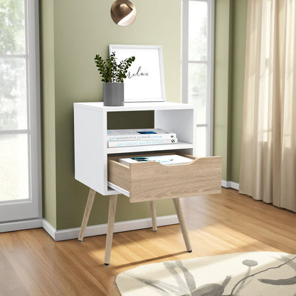 Velador Alesio, Blanco y Rovere, con Patas cortas en Madera y un Cajón