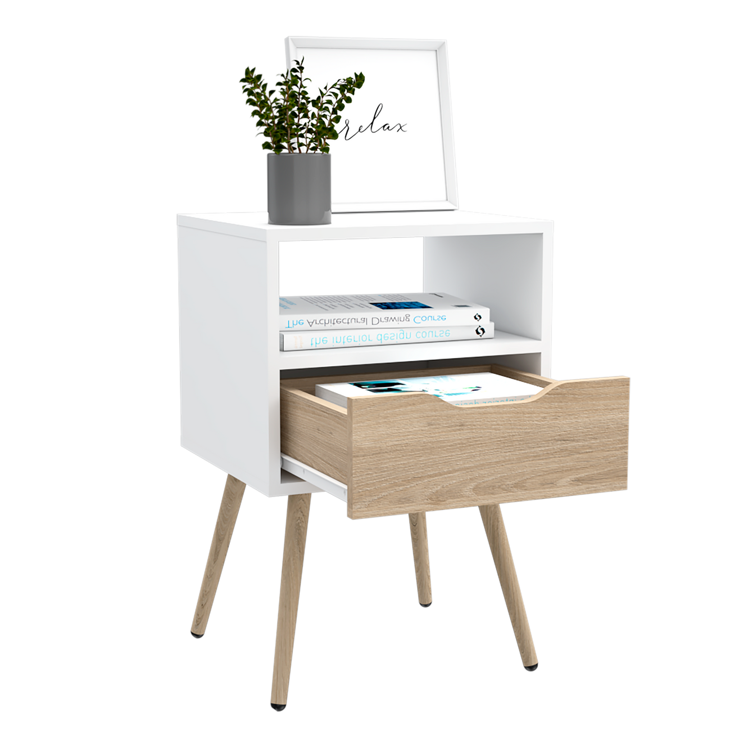 Velador Alesio, Blanco y Rovere, con Patas cortas en Madera y un Cajón