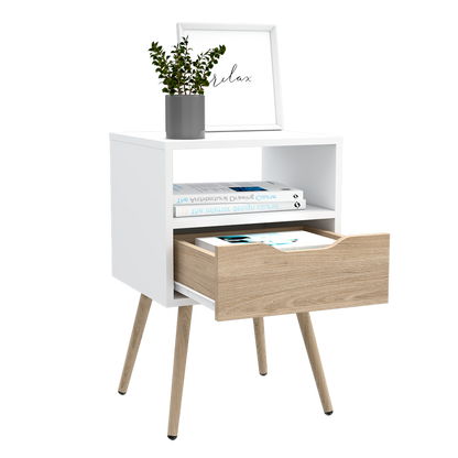 Velador Alesio, Blanco y Rovere, con Patas cortas en Madera y un Cajón