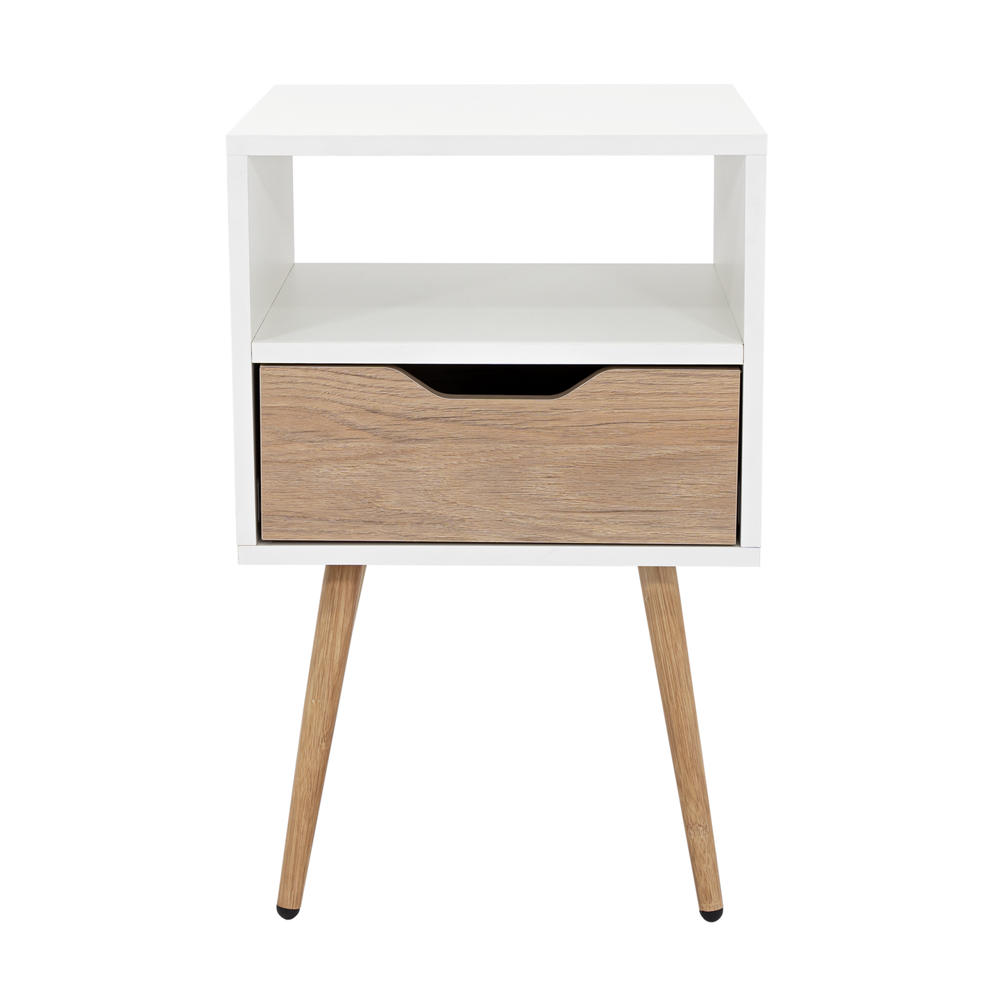 Velador Alesio, Blanco y Rovere, con Patas cortas en Madera y un Cajón