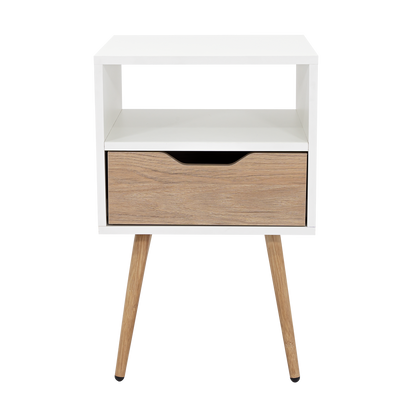 Velador Alesio, Blanco y Rovere, con Patas cortas en Madera y un Cajón