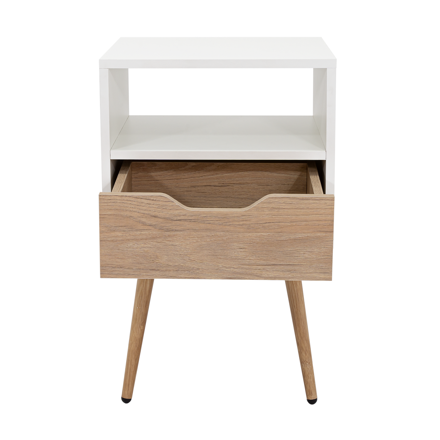 Velador Alesio, Blanco y Rovere, con Patas cortas en Madera y un Cajón