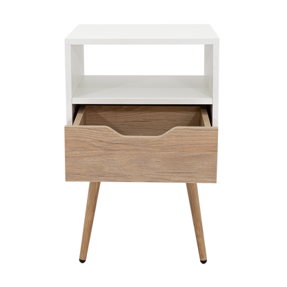 Velador Alesio, Blanco y Rovere, con Patas cortas en Madera y un Cajón