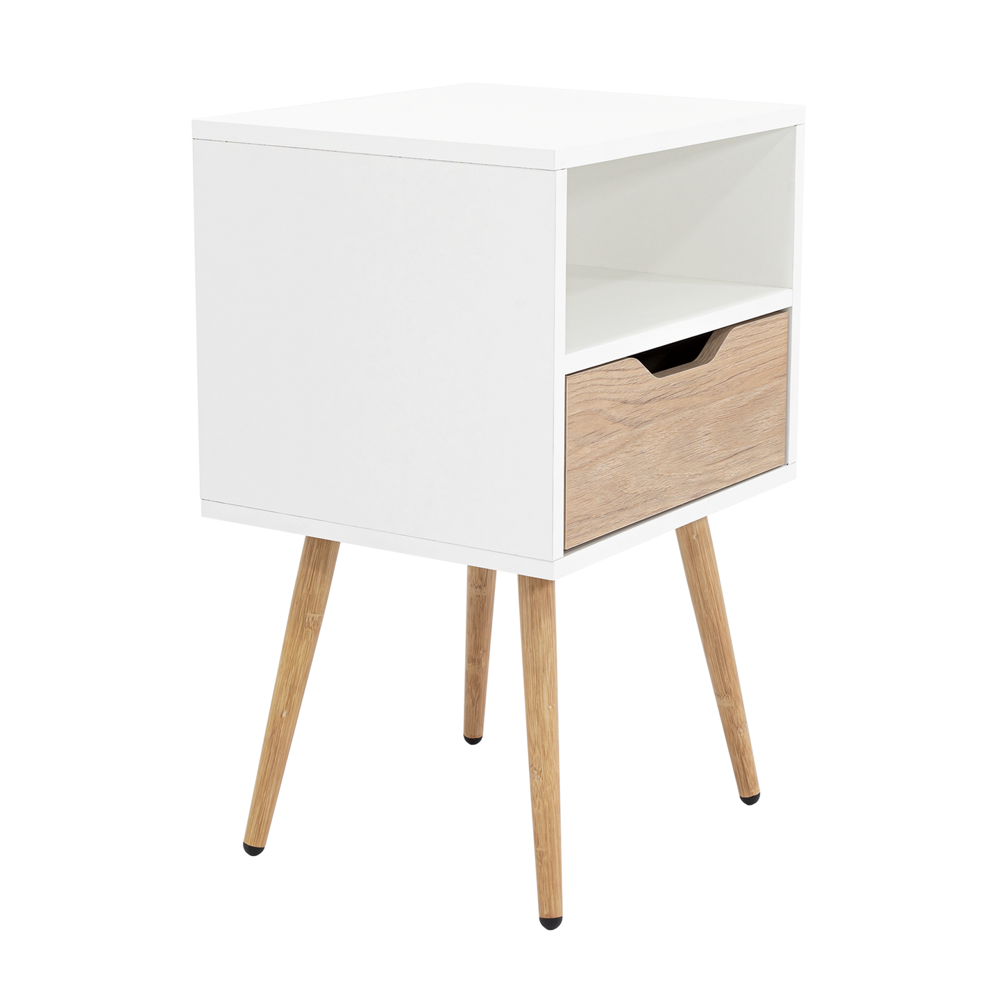 Velador Alesio, Blanco y Rovere, con Patas cortas en Madera y un Cajón