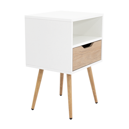 Velador Alesio, Blanco y Rovere, con Patas cortas en Madera y un Cajón