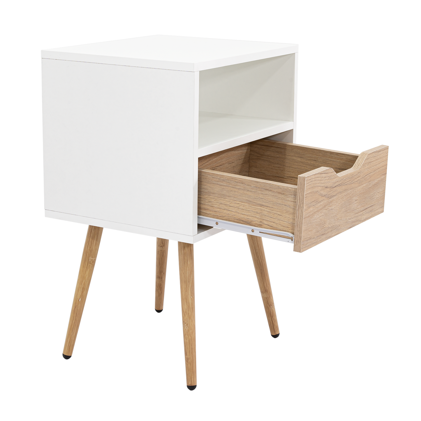 Velador Alesio, Blanco y Rovere, con Patas cortas en Madera y un Cajón