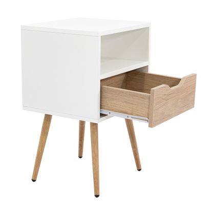 Velador Alesio, Blanco y Rovere, con Patas cortas en Madera y un Cajón