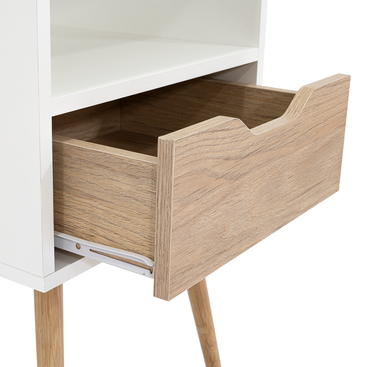 Velador Alesio, Blanco y Rovere, con Patas cortas en Madera y un Cajón