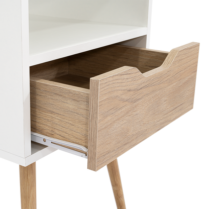 Velador Alesio, Blanco y Rovere, con Patas cortas en Madera y un Cajón