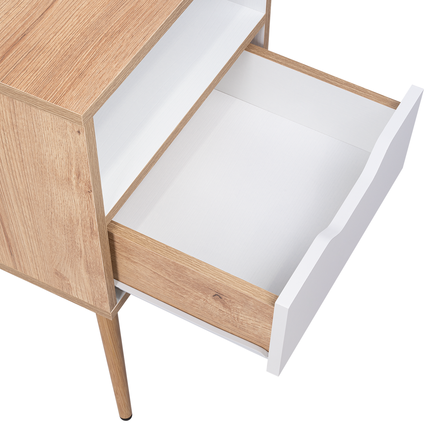 Velador Alesio, Café Claro y Blanco, con Patas en Madera y un Cajón