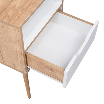 Velador Alesio, Café Claro y Blanco, con Patas en Madera y un Cajón