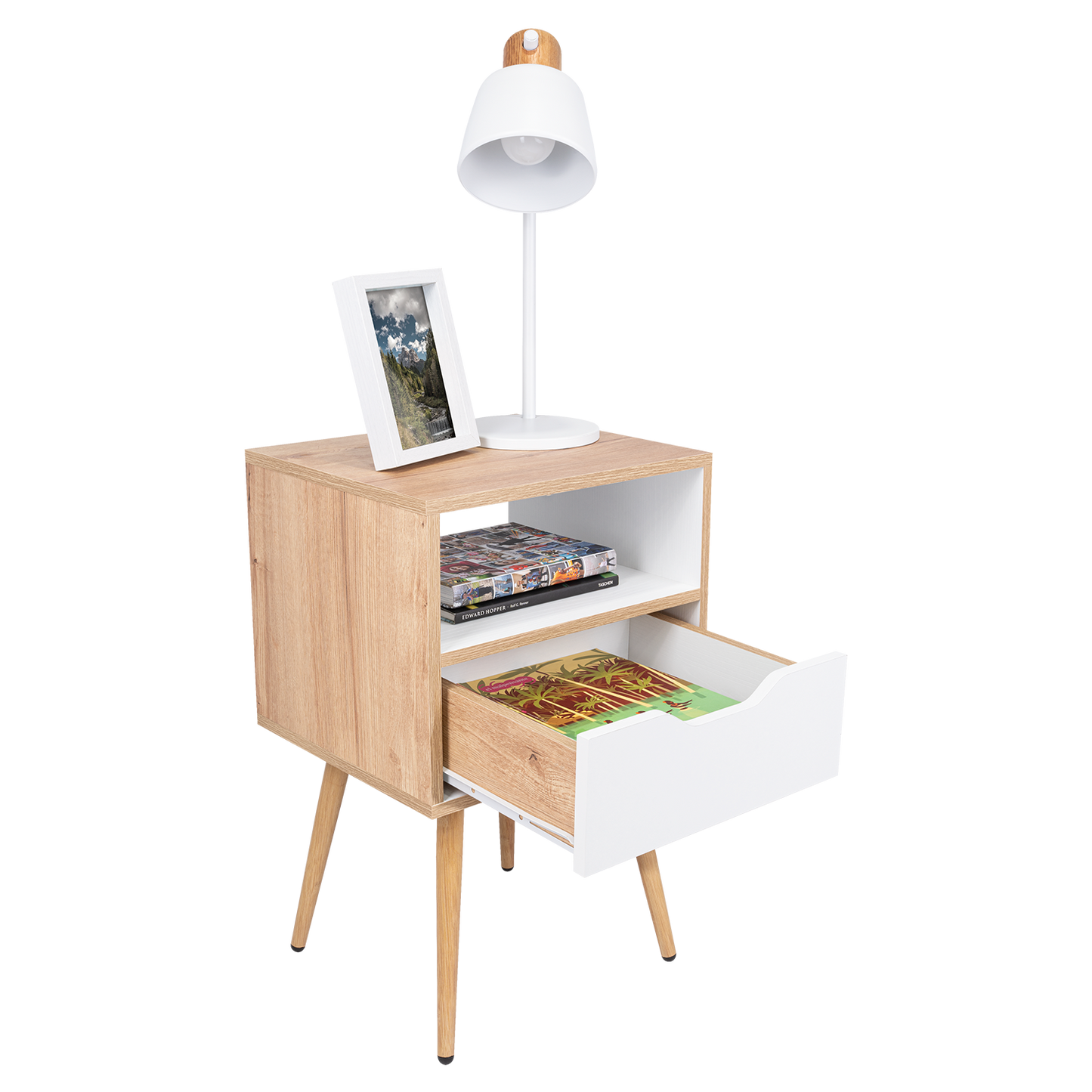 Velador Alesio, Café Claro y Blanco, con Patas en Madera y un Cajón