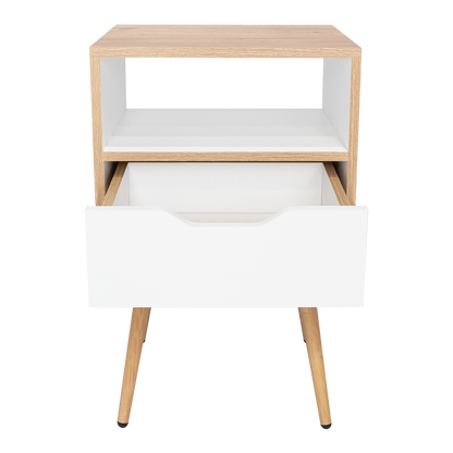 Velador Alesio, Café Claro y Blanco, con Patas en Madera y un Cajón