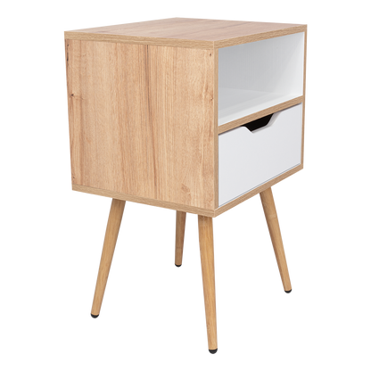 Velador Alesio, Café Claro y Blanco, con Patas en Madera y un Cajón
