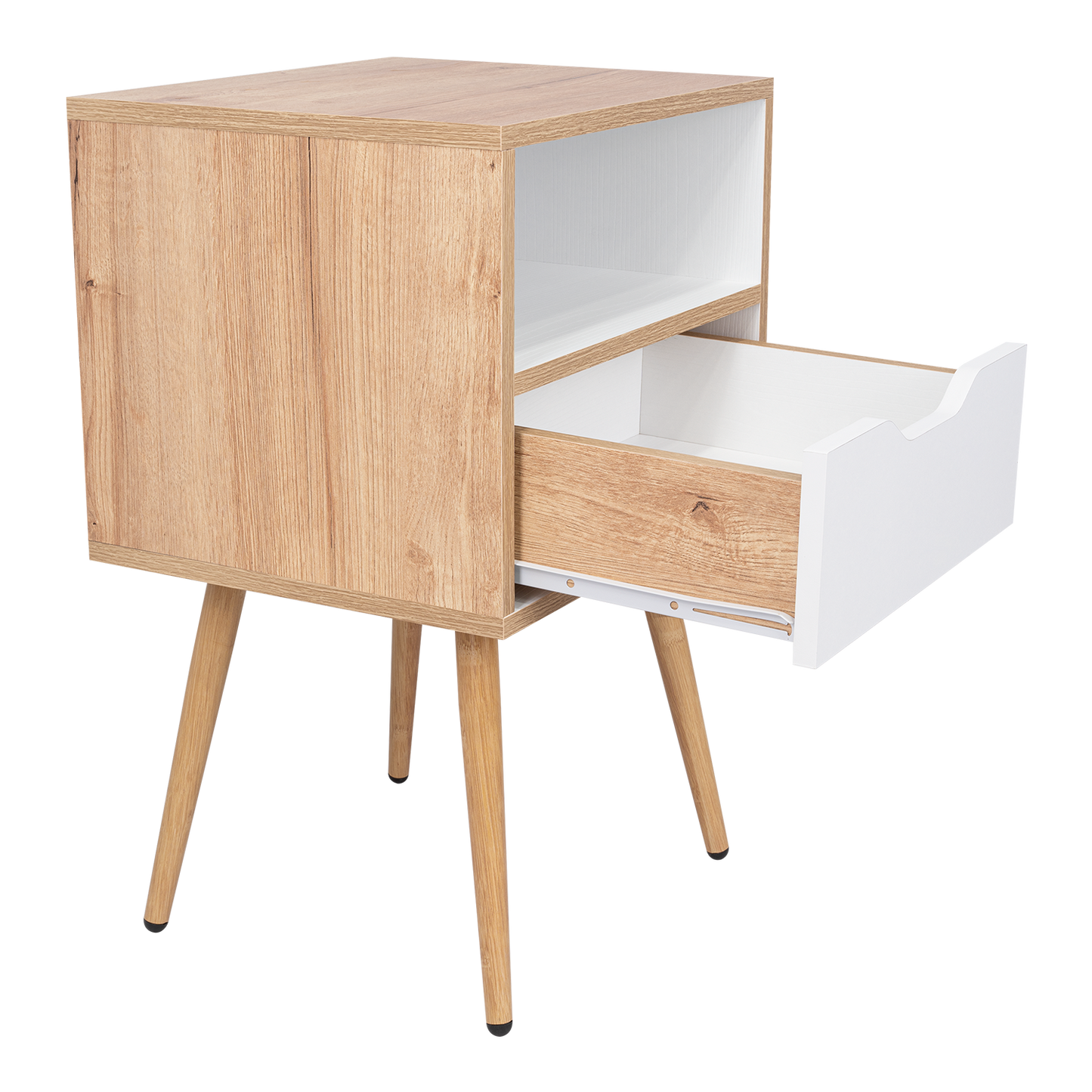 Velador Alesio, Café Claro y Blanco, con Patas en Madera y un Cajón