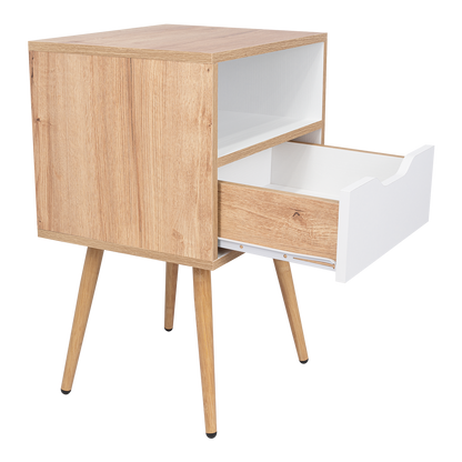 Velador Alesio, Café Claro y Blanco, con Patas en Madera y un Cajón