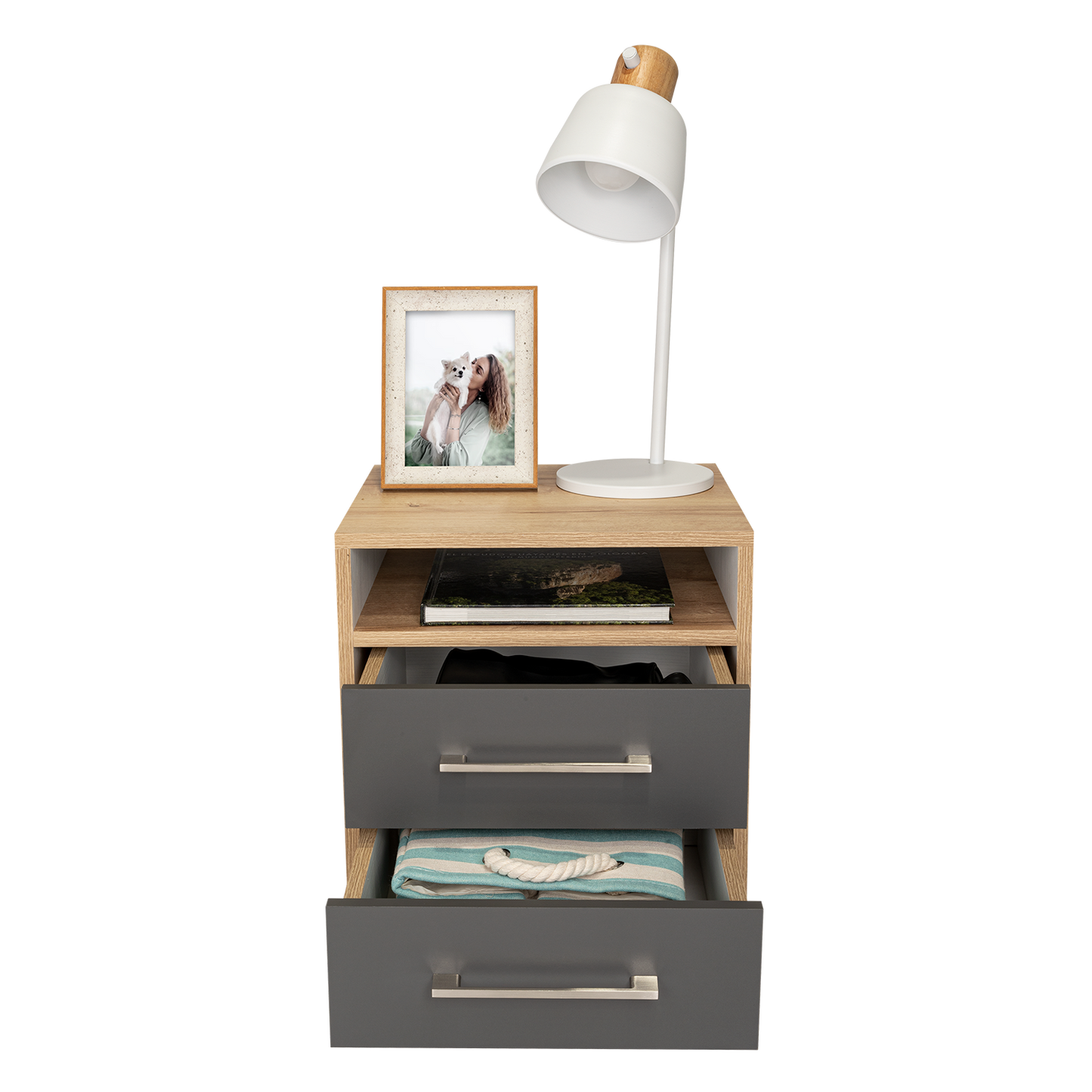 Velador Eter, Duna Y Plomo, con Un Entrepaño Superior y Dos Cajones Organizadores