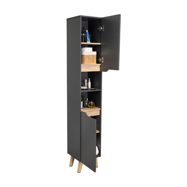 Estanteria de Baño Vicent, Plata Oscuro y Café Claro, con Dos Puertas Abatibles y Entrepaños