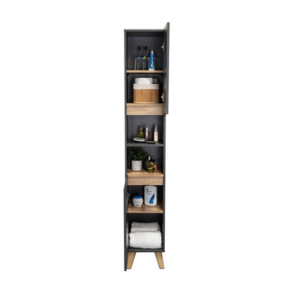 Estanteria de Baño Vicent, Plata Oscuro y Café Claro, con Dos Puertas Abatibles y Entrepaños