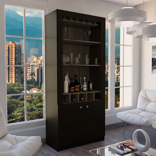 Bar Alto Cinco Botelleros Y Portacopas, FM Furniture 003C, Cafe Oscuro Y Negro