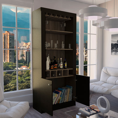 Bar Alto Cinco Botelleros Y Portacopas, FM Furniture 003C, Cafe Oscuro Y Negro