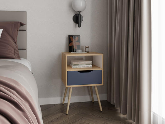 Mesa de Noche Alesio, Fresno Europeo y Blanco Kronos Azul, con Patas en Madera y un Cajón