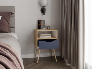 Mesa de Noche Alesio, Fresno Europeo y Blanco Kronos Azul, con Patas en Madera y un Cajón