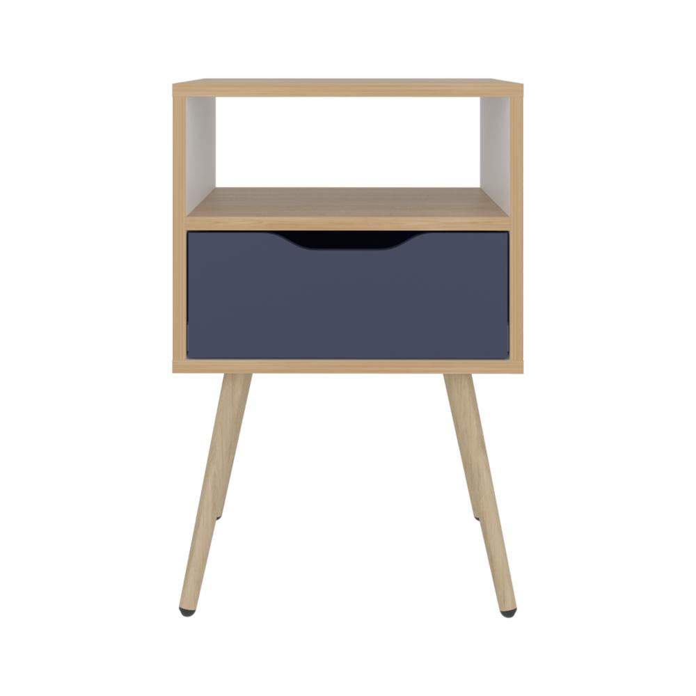 Mesa de Noche Alesio, Fresno Europeo y Blanco Kronos Azul, con Patas en Madera y un Cajón