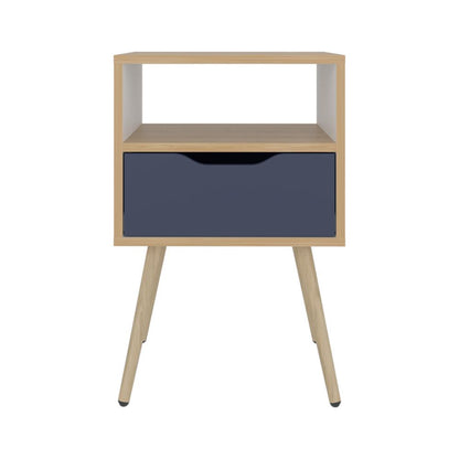 Mesa de Noche Alesio, Fresno Europeo y Blanco Kronos Azul, con Patas en Madera y un Cajón