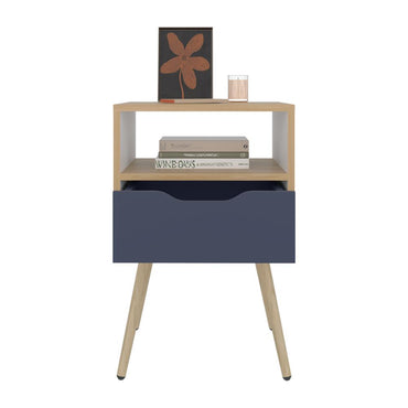 Mesa de Noche Alesio, Fresno Europeo y Blanco Kronos Azul, con Patas en Madera y un Cajón