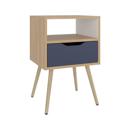 Mesa de Noche Alesio, Fresno Europeo y Blanco Kronos Azul, con Patas en Madera y un Cajón