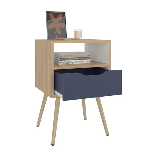 Mesa de Noche Alesio, Fresno Europeo y Blanco Kronos Azul, con Patas en Madera y un Cajón