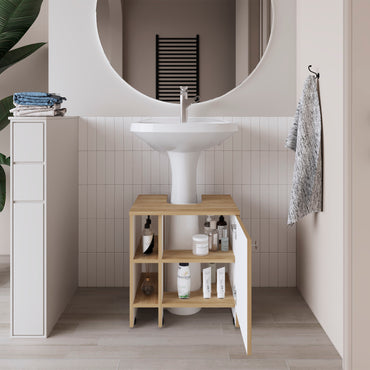 Mueble Basic Para Baño Una Puerta, Color Fresno Y Blanco