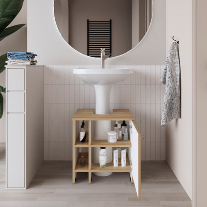 Mueble Basic Para Baño Una Puerta, Color Fresno Y Blanco