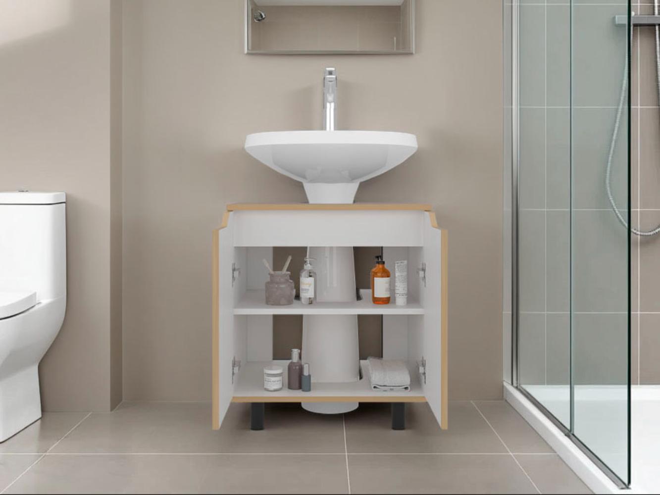 Mueble Para Lavamanos Marlo Dos Puertas, Fresno Y Blanco